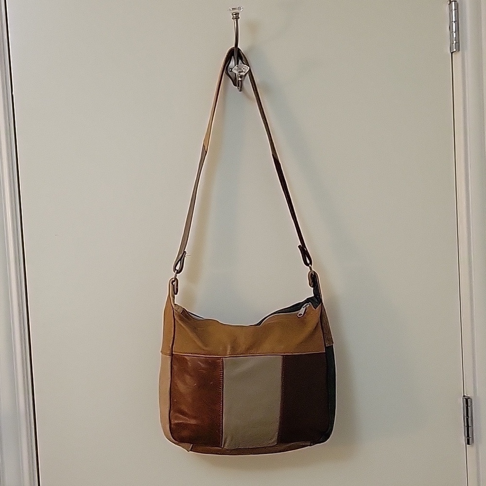 True Vintage 1970s Mexican Leather Colorblock Patchwork Hobo Shoulder Bag - Picture 5 of 12